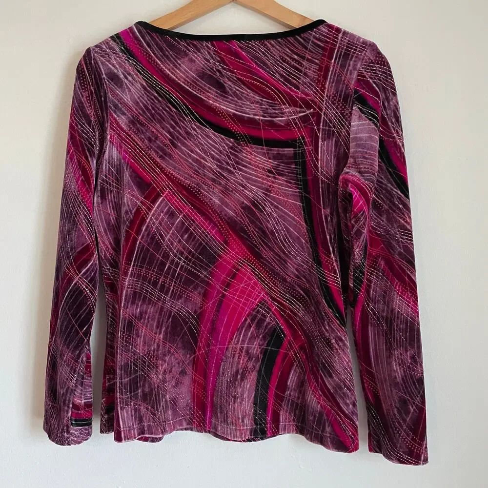 VTG Y2K Pink Metallic Velvet Long Sleeve Bow Neckline SZ SMALL Clueless 90s EUC - Picture 8 of 10